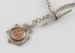 An antique sterling silver fob chain with sterling silver and rose gold fob, 19th/20th century, 36cm long, 45.5 grams total