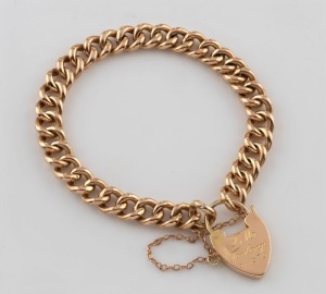WILLIS & SONS of Melbourne 15ct gold curb link bracelet with heart lock, 19th century, lock stamped "15.W." with unicorn mark, 13.8 grams total