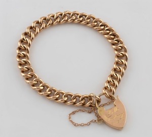 WILLIS & SONS of Melbourne 15ct gold curb link bracelet with heart lock, 19th century, lock stamped "15.W." with unicorn mark, 13.8 grams total