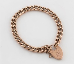 LARARD BROS. of Melbourne 9ct rose gold curb link bracelet with heart lock, early 20th century, ​​​​​​​11.5 grams