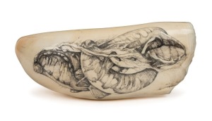GARY TONKIN scrimshaw whale's tooth engraved with scene of a mother whale and calf, signed lower right "G. TONKIN, '98", an impressive 17cm long