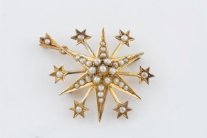 WILLIS & SONS of Melbourne 15ct yellow gold star pendant brooch adorned with seed pearls, 19th century, stamped "15.W." with unicorn mark, 3.5cm wide, 5.6 grams