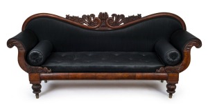 LEPPINGTON HOUSE early Colonial Australian cedar sofa, with handsomely carved and turned decoration, and finely upholstered in black horsehair, circa 1830.