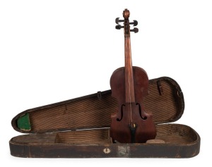 A rare antique Australian violin, hand crafted in cedar with Queensland silky oak back, and hand-made tuning pegs, 19th century, bearing pencil inscription "BENNETT MAKER", housed in a period ebonized timber coffin case, 58.5cm long