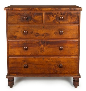 An early Colonial Australian huon pine chest of five drawers, Tasmanian origin, circa 1840, 124cm high, 117cm wide, 52cm deep