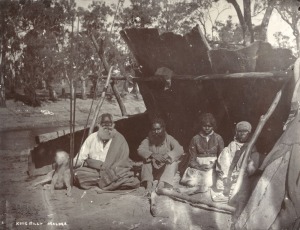 NICHOLAS CAIRE (Australian, 1837-1918), King Billy Maloga (King Billy’s camp in McCree’s Paddock, Maloga, Victoria), 1891, silver gelatin print, with Caire's handstamp and titled in manuscript verso,15.5 x 20cm.