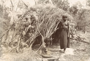 [ABORIGINAL WOMEN]: A group of six albumen paper photographs or varying sizes and unknown photographers; 2 appear to be studio studies, 3 are individual portraits and one depicts two women in front of their hut made of leaves and branches; the largest 20 