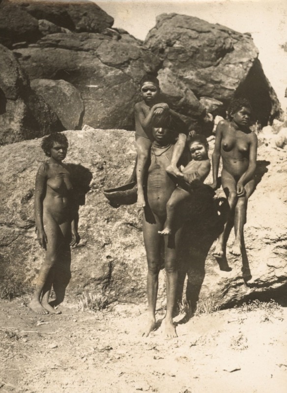 [ABORIGINAL WOMEN & CHILDREN], A group of photographs, various sizes and unknown photographers, circa 1900 - 1920s; including one titled verso "Mother & 4 children, Arunta", one titled "Lubra & piccaninny" in the plate, etc. (7, the largest 15.5 x 11cm.).