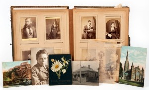 A leather-bound photo album (defects) named and dated "M.R. Armitage 1883" to blank title page; followed by a collection of cabinet card portraits and mainly cartes-de-visite, and one tintype portrait, with photographers noted from Adelaide, Fremantle, Sydney, Melbourne, and a small number of foreign examples. (approx. 70 items). Includes two postcards addressed to Miss Armitage, one at St. Peters, South Australia.