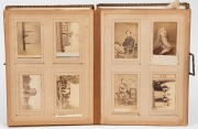 A leather-bound photo album (defects) named and dated "M.R. Armitage 1883" to blank title page; followed by a collection of cabinet card portraits and mainly cartes-de-visite, and one tintype portrait, with photographers noted from Adelaide, Fremantle, Sy - 2