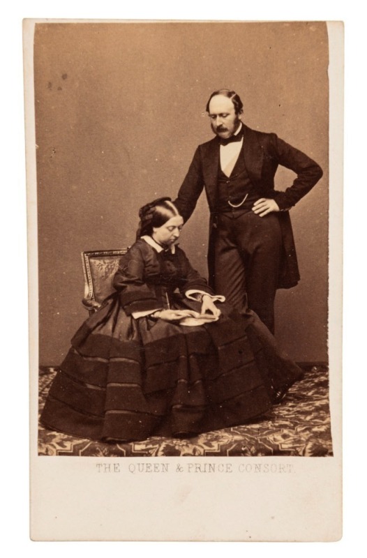 "THE QUEEN & PRINCE CONSORT" albumen paper photograph laid down on carte-de-visite by Mayall of 224 Regent Street, London; dated "1860" verso. Overall 10.5 x 6.2cm.