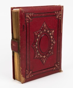 Ornate red leather album with clasp containing a collection of mainly cartes-de-visite from Sydney, Newcastle and Wollongong studios; noted a couple from Auckland and a few cabinet size images and small tintypes. Pen notation to title page "Mother gave th