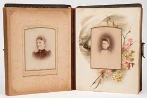 An old-time album (faults) with a collection of cabinet size photographs and a few other types (postcards, a carte de visite, etc.) mainly from ADELAIDE photographers, (35 images).