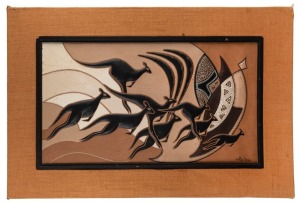 WARREN RAINE vintage Australian vinyl and leather artwork depicting eight kangaroos, mid 20th century, 31 x 56cm, 48 x 73 overall