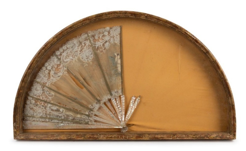 Fan shaped display frame, housing an unfortunately damaged fan, 20th century, 41 x 71cm overall