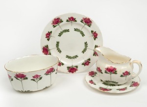 ROYAL DOULTON rare waratah pattern English porcelain plates, milk jug and sugar bowl, (4 items), Note: The waratahs are in the distinctive pattern designed by Lulu Shorter for the Doulton factory, green factory mark to base, the larger plate 16cm diameter