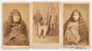 [MAORI INTEREST] A group of three cartes-de-visite, circa 1870s, featuring Maori men and women; the images mounted on cards for T.E.Price of Masterton, G. Redfern, and one anonymous. (3).