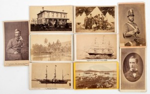 A fascinating and very diverse group of cartes-de-visite, circa 1860s; includes a Noumea harbour scene (by Allen Hughan), an outdoor family portrait (by L. Lange & Son, Majorca), a studio portrait of H.M. Stanley (by F. Yok of London), natives fishing in a tropical lagoon, a military encampment, probably during the Crimean War (by Hewitt Wilton of South Church), two ship portraits (the "Lincolnshire" and "The South Australian") by Gould of Gravesend and two Australian subjects, (9).