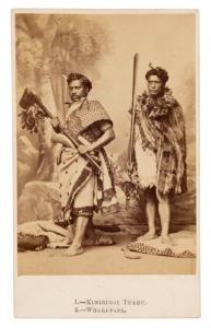VERNON HEATH (Piccadilly, London), Carte-de-visite studio portrait of the Maori Chiefs Kihiringi Tuahu & Kamariera Te Hau Takiri Wharepapa, photographed in 1863, during a visit to London under the sponsorship of the Wesleyan missionary, William Jenkins. They were received by the Queen, and in 1864 Wharepapa (1823-1920) married an English housemaid, Elizabeth Reid, who returned with him to New Zealand.