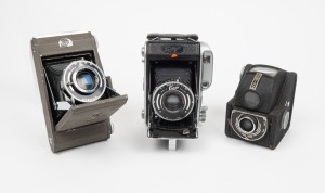 HOUGHTON: Three c. 1940s film cameras - one Ensign Auto-Range 220, one Ensign Ful-Vue, and one Ensign Clubman. (3 cameras)