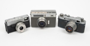 VARIOUS MANUFACTURERS: Three c. 1960s cameras of Soviet manufacture - one type B FED-2 rangefinder camera with Industar 50mm f.8 lens, one Kamera Werkstätten Prakti with Domilton 40mm lens, and one Gomz Smena-Rapid with T43 40mm f4 lens. (3 cameras) 