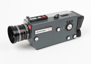 LEITZ: Leicina Super RT1 Super-8 movie camera [#076311], c. 1970, with Leicina Vario 8-64mm f1.9 lens and wrist strap.