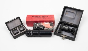 BOLEX-PAILLARD: Three accessories in maker's boxes - one late-model Prismatic Focuser, one set of two Parallax Corrector Prisms, and one set of four extension tubes for 16mm cameras. (3 items)