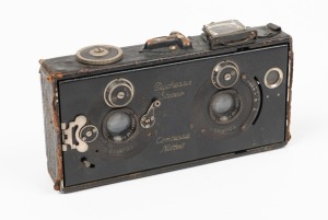 CONTESSA: Duchessa Stereo 45 x 107mm plate strut-folding stereo camera, c. 1913, with twin Tessar 65mm f4.5 lenses and Compur shutters.