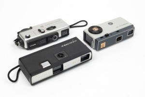 VARIOUS MANUFACTURERS: Three miniature cameras - one Hanimex Loadmatic 110 with wrist strap, one Minolta 16 QT in chrome with wrist strap, and one Yashica 16. (3 cameras)