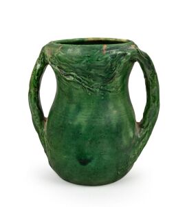 MERRIC BOYD green glazed pottery vase with two windswept tree handles, incised "M. Boyd, 1924", 17.5cm high