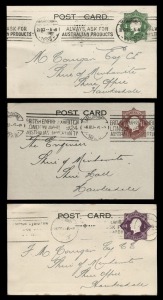 STAMPED TO ORDER POSTCARDS: 1924-28 (BW:PS18, 21, and 22) Octagonal 1½d red-brown, 1d violet and 1d green KGV with "POSTAGE" in die, all attractively used between 1923 - 1926 for Concrete Constructions Pty Ltd, Melbourne. (3). Cat.$1000.