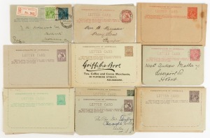 Letter Cards: A collection remainder; mostly with minor faults, but still useful. Comprising of 1d Full Face (2, Unused), 1d Kangaroo (4 Unused, 4 Used), 1d Sideface KGV (4 Unused, 5 Used incl. "Billabong Riverina District"), & 1Ѕd Red Sideface KGV (1 Unused, "Murrumbidgee Irrigation Scheme"). (Total: 20).