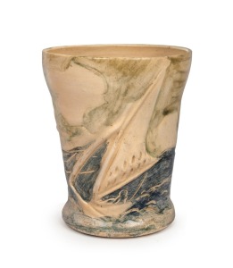 MERRIC BOYD pottery vase with hand-painted and sgraffito decorated coastal scene including a yacht and flying seagull, incised "Merric Boyd", 16cm high