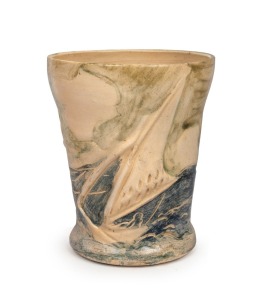 MERRIC BOYD pottery vase with hand-painted and sgraffito decorated coastal scene including a yacht and flying seagull, ​​​​​​​incised "Merric Boyd", 16cm high