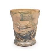 MERRIC BOYD pottery vase with hand-painted and sgraffito decorated coastal scene including a yacht and flying seagull, ​​​​​​​incised "Merric Boyd", 16cm high - 2