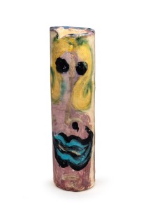 DEBORAH HALPERN cylindrical pottery vase with hand-painted faces, signed "Deborah D. Halpern", 40.5cm high