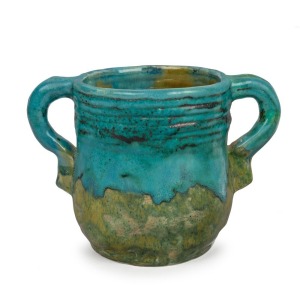 JOLLIFF green and turquoise pottery vase with two loop handles, incised "Jolliff, Hand Built, 1934, Vic." with artist's monogram, 13cm high, 19cm wide