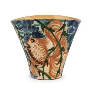 JOHN PERCEVAL AND ARTHUR MERRIC BOYD pottery vase with hand-painted fish and seaweed decoration, signed "A. M. B." and "J. P.", 13.5cm high, 15.5cm wide