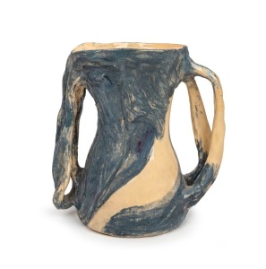 MERRIC BOYD impressive pottery vase with double windswept handles and unusual modelled shearer's arm decoration, incised "Merric Boyd, 1947", 21cm high, 20cm wide