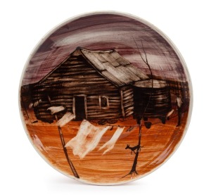 ARTHUR MERRIC BOYD pottery plate with hand-painted outback shack scene, signed "Howley", incised "Arthur Merric Boyd", 28.5cm diameter