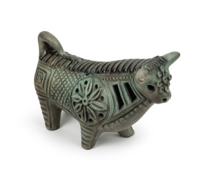 McLAREN green glazed pottery bull, incised "MCL", 16cm high, 28cm long