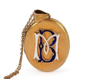 THE BELL FAMILY OF HOBART and COLAC: KILPATRICK & Co. of Melbourne, fine quality antique 15ct yellow gold photo locket with blue and white enamel monogram "M.B." for MARGARET BELL, housing two portraits - her mother and her husband, George Bell; together 