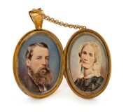 THE BELL FAMILY OF HOBART and COLAC: KILPATRICK & Co. of Melbourne, fine quality antique 15ct yellow gold photo locket with blue and white enamel monogram "M.B." for MARGARET BELL, housing two portraits - her mother and her husband, George Bell; together - 2