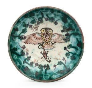 ARTHUR MERRIC BOYD & NEIL DOUGLAS (attributed) rare pottery bowl with hand-painted owl and lizard decoration, 5.5cm high, 22cm diameter