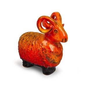 ELLIS orange and red glazed pottery ram, 17.5cm high