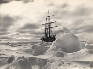 FRANK HURLEY: "Locked in the Ice" vintage silver gelatin photograph, 15 x 20cm, laid down on grey card, numbered "1" in the top right corner and titled in manuscript below the image "Locked in the ice". Our research suggests that the hand-writing is Hurle