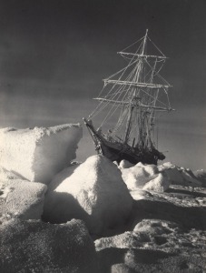 FRANK HURLEY: "The low sun after winter" vintage silver gelatin photograph, 20 x 15cm, laid down on grey card, numbered "2" in the top right corner and titled in manuscript below the image. Our research suggests that the hand-writing is Hurley's. 