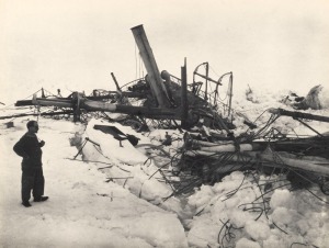 FRANK HURLEY: "The final phase of the crushing of the Endurance after three months battling with the pressure." vintage silver gelatin photograph, 15 x 20cm, laid down on grey card, numbered "6" in the top right corner and titled in manuscript below the i