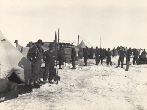 FRANK HURLEY: "Our home on the drifting ice for five and a half months" vintage silver gelatin photograph, 15 x 20cm, laid down on grey card, numbered "7" in the top right corner and titled in manuscript below the image. Our research suggests that the han