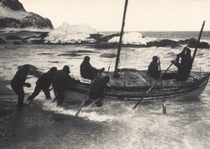 FRANK HURLEY: "The Start Of The 750 Mile Voyage Across The Sub-antarctic Ocean In Our 22 Ft Boat Ballasted With A Large Supply Of Faith And Hope" vintage silver gelatin photograph, 15 x 20cm, laid down on grey card, numbered "10" in the top right corner a